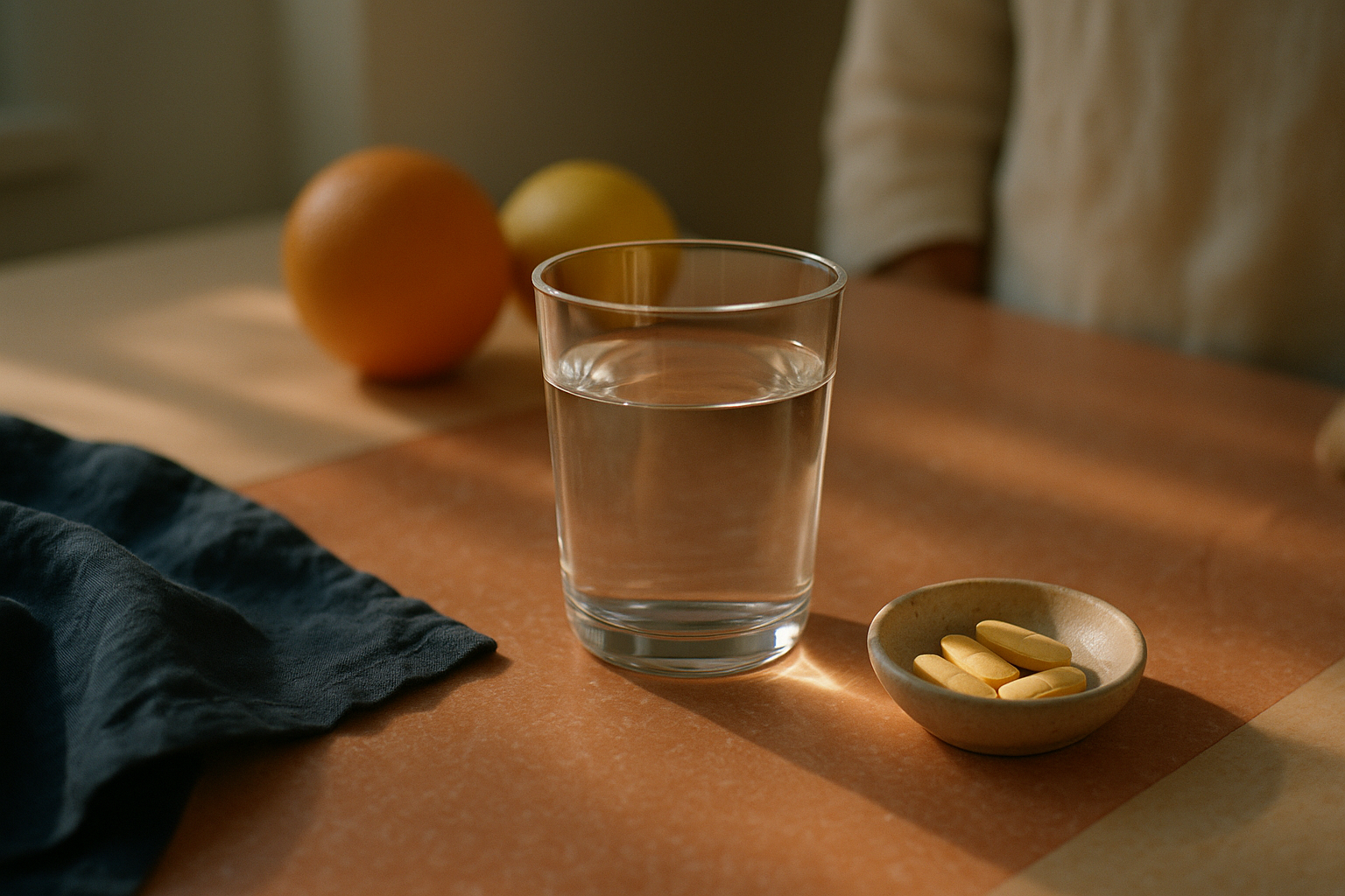 Fotografía editorial realista de una mesa de cocina mexicana al amanecer, con vaso de agua cristalina reflejando luz natural cálida, frutas cítricas y suplementos de vitamina C sobre tela terracota y crema, sin manos visibles, luz matutina suave y natural, estética de bienestar y nutrición con profundidad de campo somera