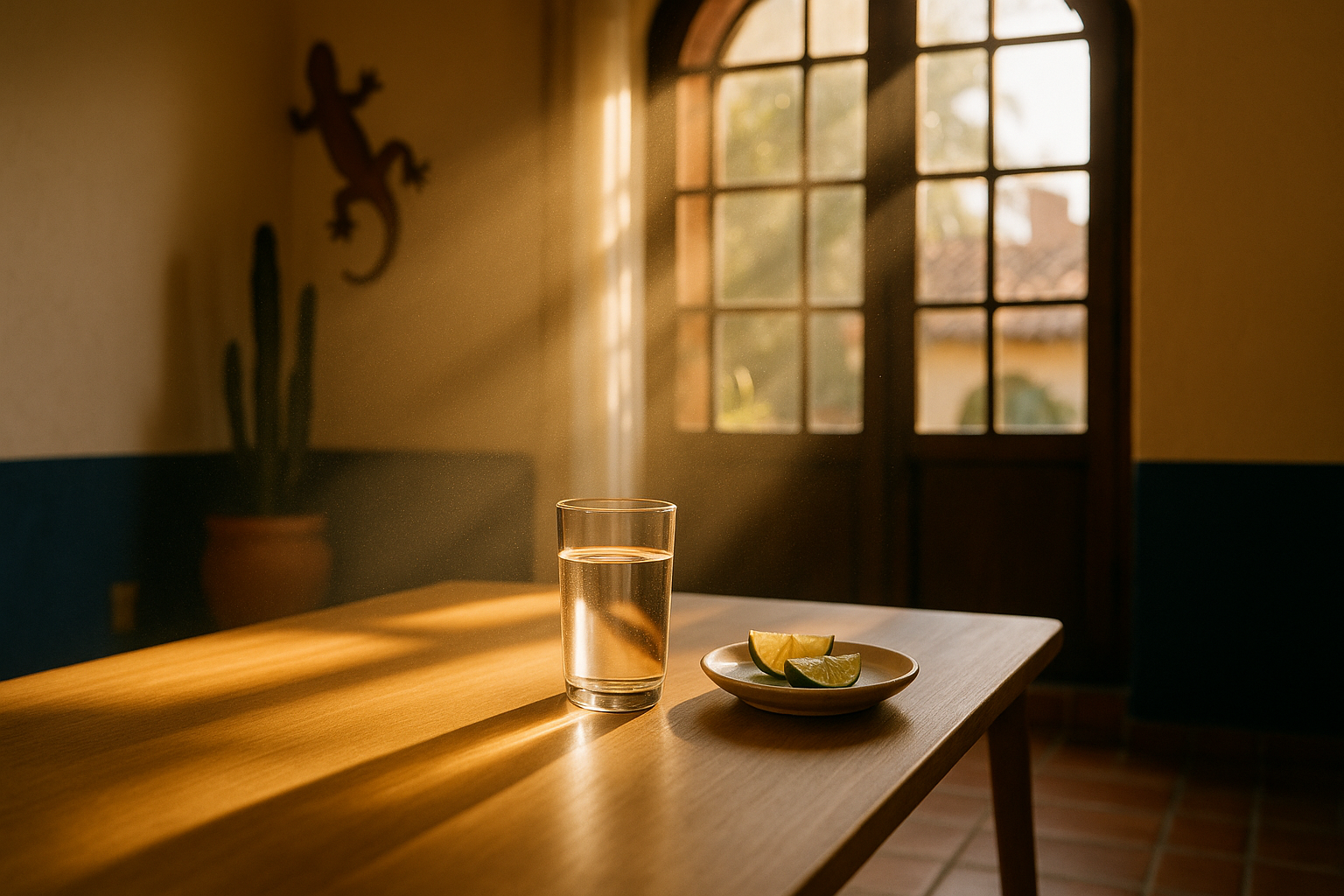 Luz solar de la mañana atravesando una ventana grande de una casa mexicana, proyectando rayos dorados sobre una mesa de madera minimalista. Un vaso transparente de agua refleja la luz junto a un plato de cerámica blanca con gajos de limón fresco. Fotografía editorial de bienestar con tonos crema, navy y terracota, capturando el momento cuando el sol entra a la vivienda, símbolo de la vitamina D natural que falta en México.