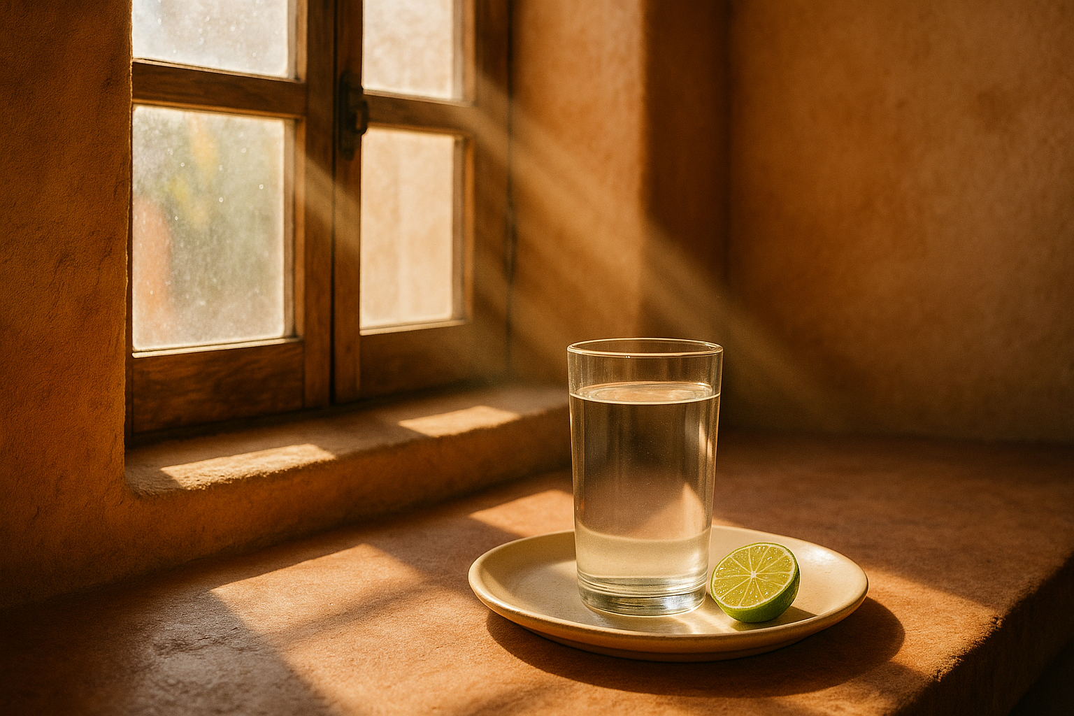 Luz cálida del amanecer mexicano atravesando una ventana rústica de madera, iluminando un vaso de agua fresca y una rebanada de limón sobre un plato de cerámica crema, evocando la vitamina D natural del sol y bienestar en el hogar mexicano