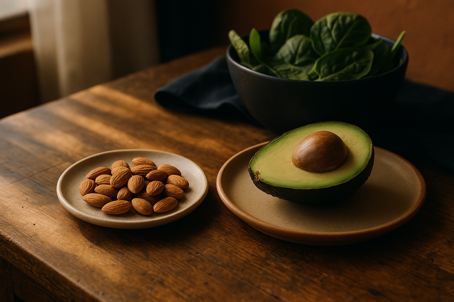 Ingredientes naturales ricos en vitamina E como almendras, aguacate y espinacas dispuestos sobre una mesa de madera rústica con luz natural de mañana, fotografía editorial cálida que enfatiza el cuidado celular y la nutrición mexicana