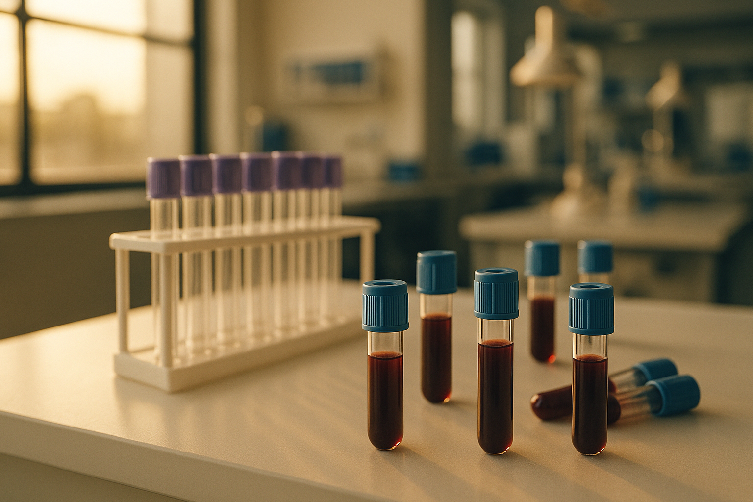 Escena de laboratorio clínico mexicano con muestras de sangre en tubos de ensayo sobre mesa de trabajo, iluminada por luz natural matutina, paleta en tonos crema y azul marino, fotografía editorial de medicina y bienestar