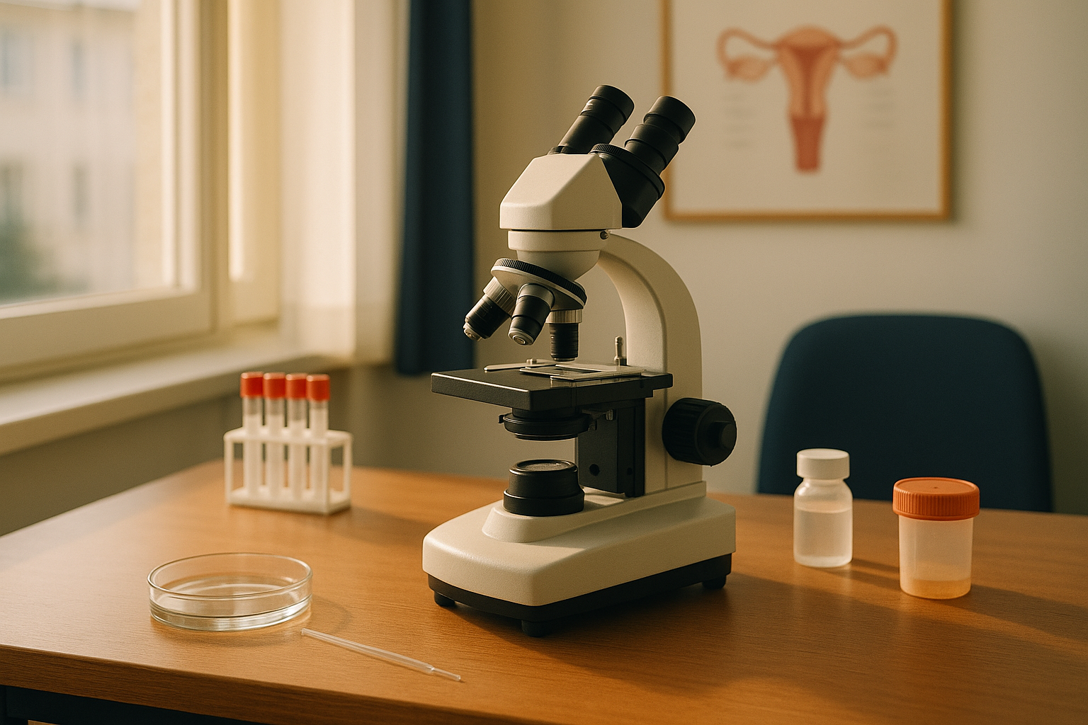 Laboratorio clínico con microscopio de investigación sobre escritorio de madera, iluminación natural matutina, ambiente cálido y profesional de centro de fertilidad mexicano, tonos crema y azul marino, composición editorial con enfoque suave y profundidad artística