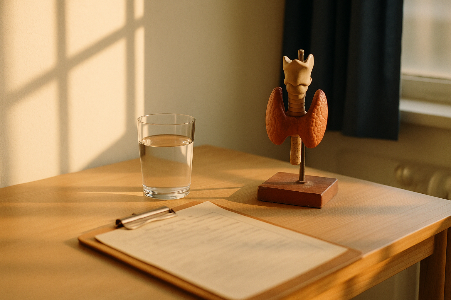 Escritorio minimalista de madera iluminado por luz natural matutina, con vaso de agua filtrada y un portapapeles médico vintage con tonos crema, azul marino y terracota. Composición editorial de salud tipo still-life, sin personas visibles, enfoque suave y fotorrealista que evoca la historia clínica y los métodos diagnósticos tradicionales mexicanos.