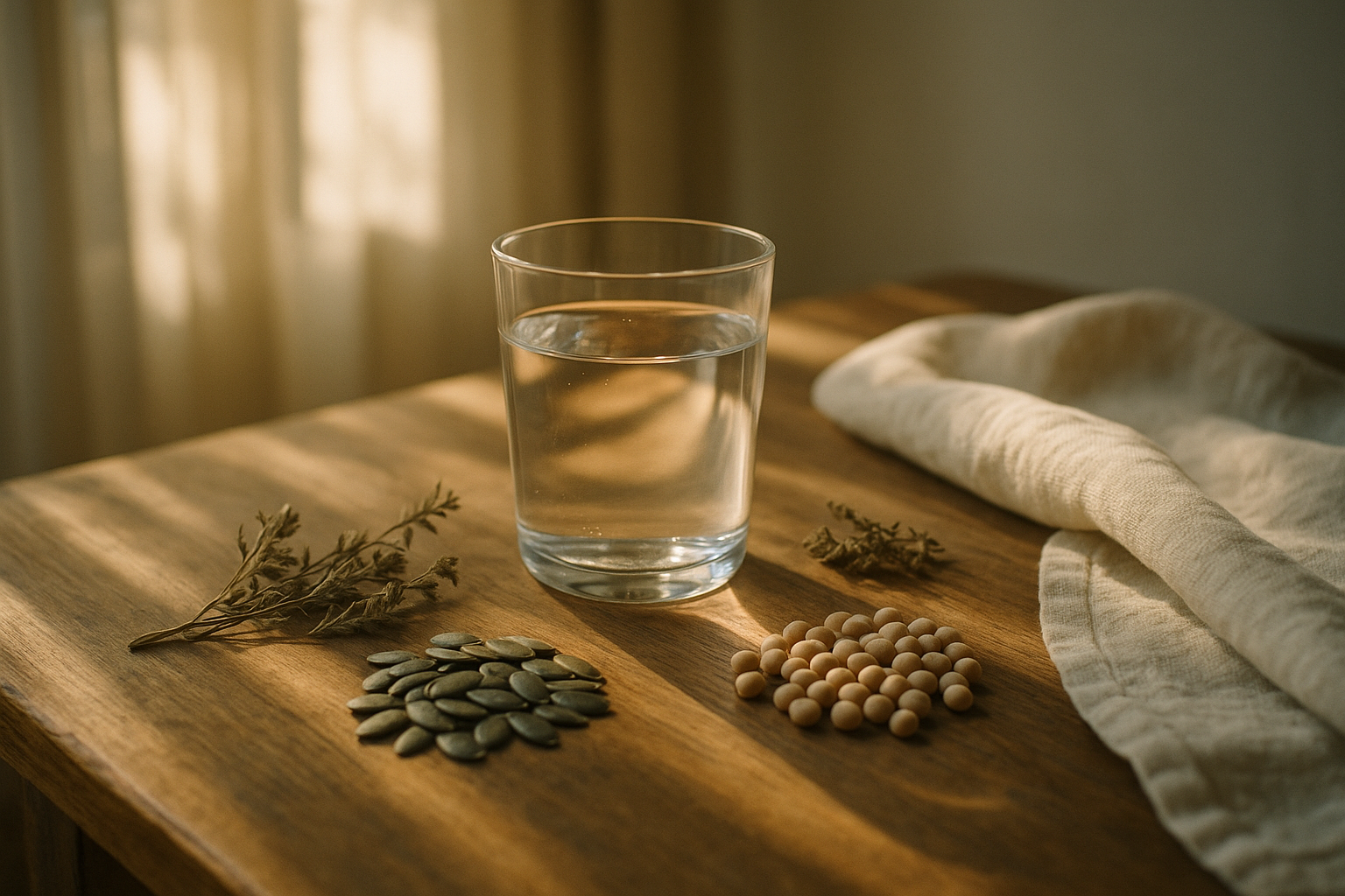 Mesa de madera con luz natural matutina: vaso de agua mineral transparente, semillas de calabaza y legumbres secas dispuestas con elegancia, linaza dorada, texturas naturales sobre mantel de lino neutro, sombras cálidas proyectadas por la ventana, fondo desenfocado con tonos navy y terracota, atmósfera de bienestar minimalista mexicana